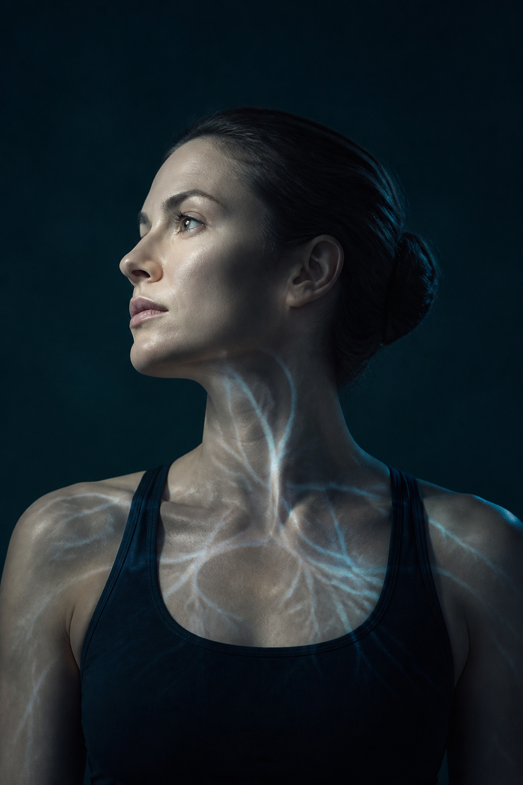 A clinical portrait with light tracing the breath pathway across the body