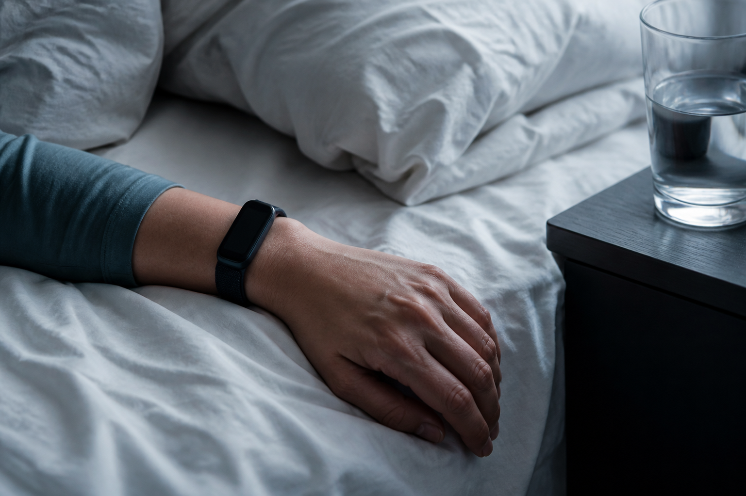 A sleep tracker worn at the bedside in cool morning light